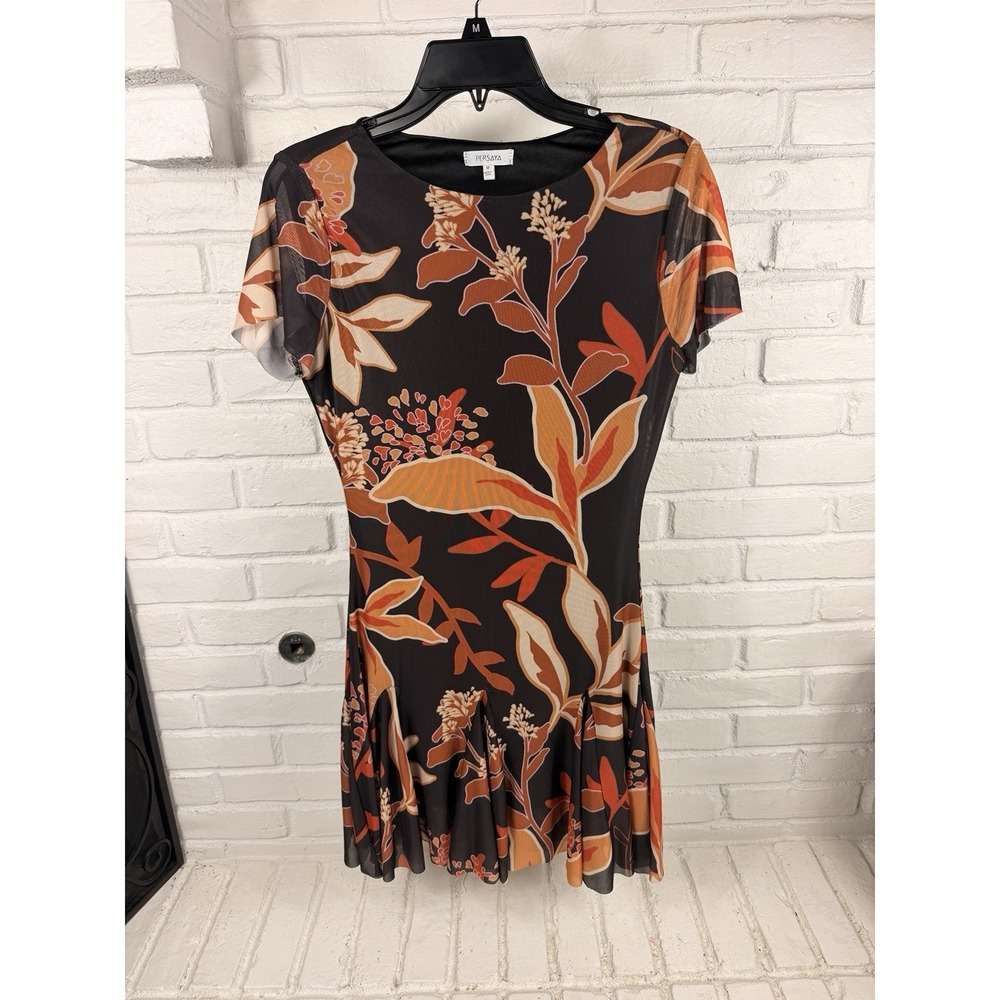 Persaya Womens M Brown Orange Floral Mesh Fit Flare Midi Dress Y2K Boho